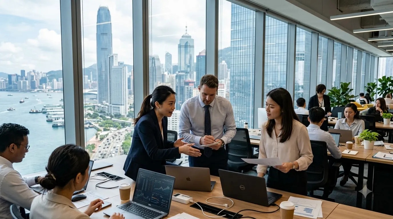 Professionals working in a modern Hong Kong financial district office as business and hiring activity increases.