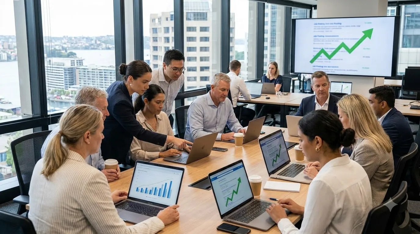 Australian professionals reviewing job opportunities and employment data in a modern workplace.