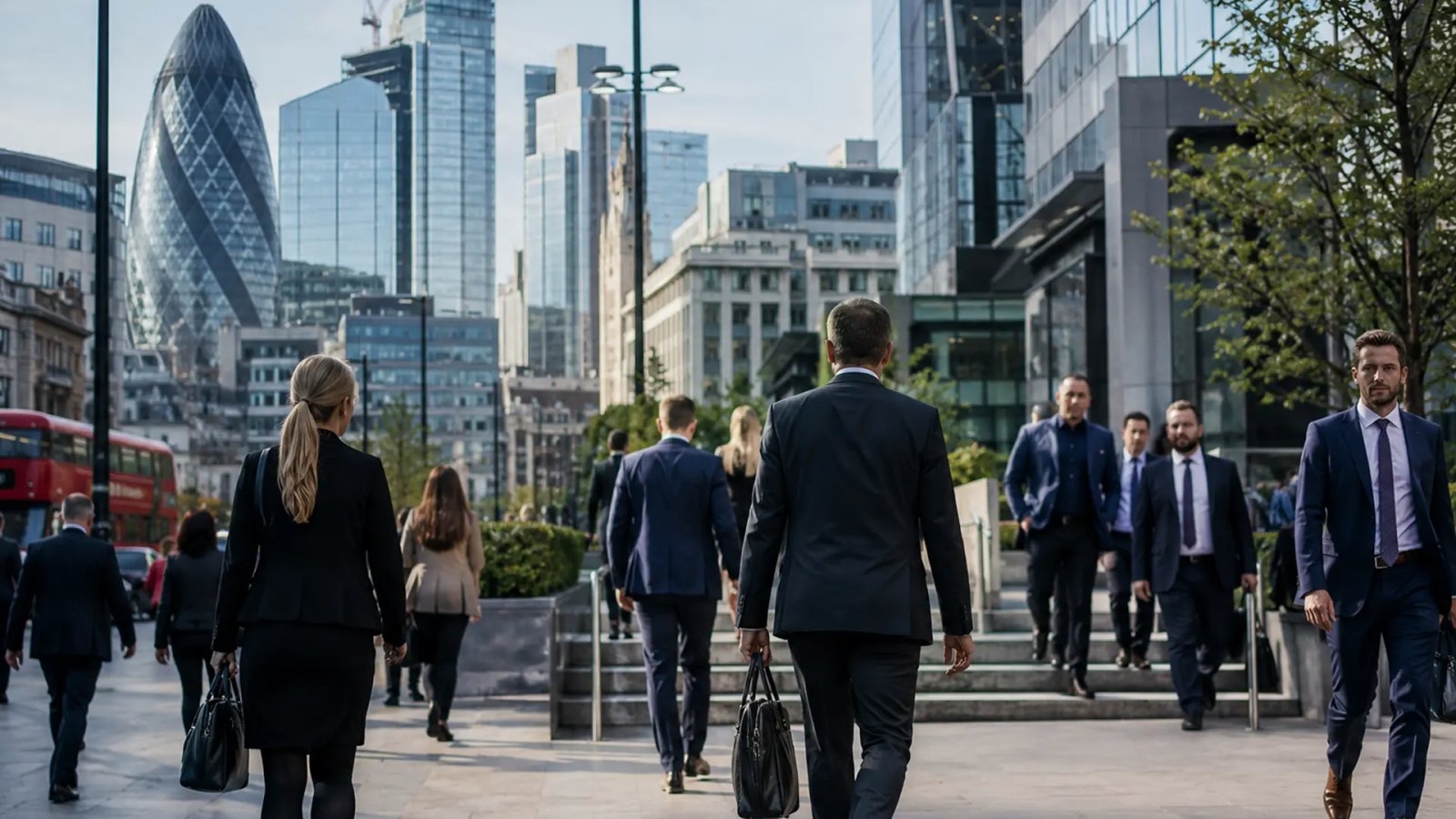 People walking through a business district in the UK as employers focus on temporary hiring amid changing labour market conditions.