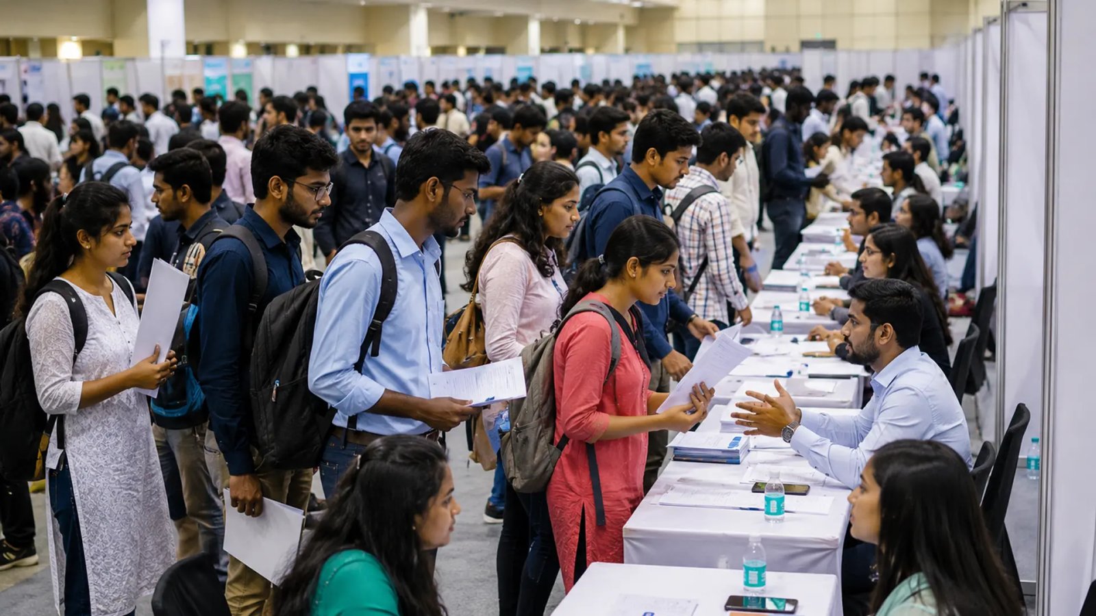 Job seekers and company representatives participating in a large job fair in Gajuwaka, Visakhapatnam.
