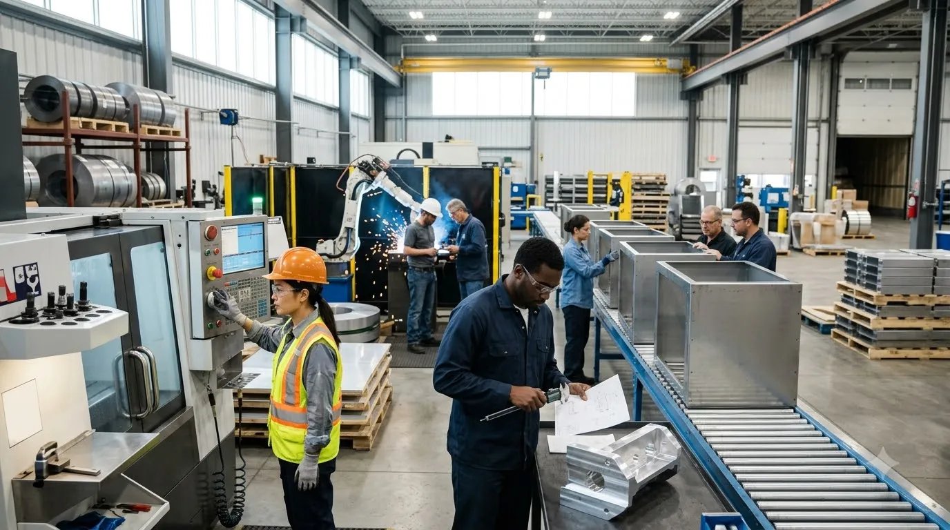 Canadian manufacturing workers operating machinery inside a modern factory