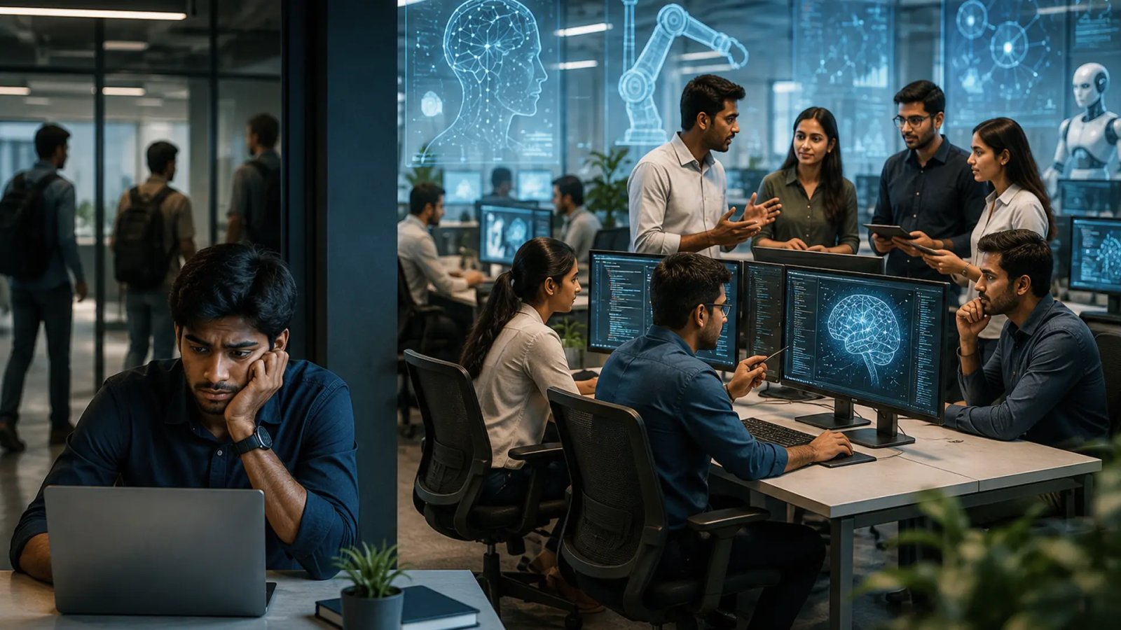 Professionals working in a modern technology office, representing the impact of artificial intelligence on jobs, hiring and entry-level employment.