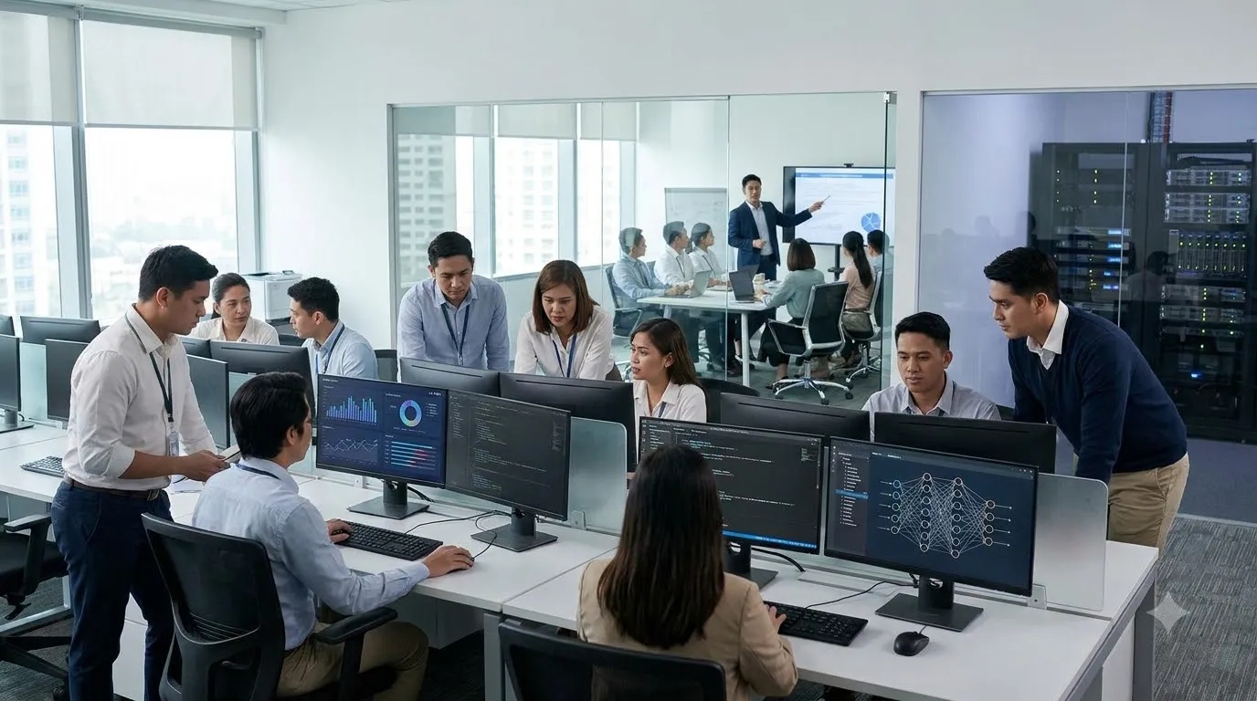 Philippine IT-BPM professionals working in a modern technology office as the country expands AI infrastructure and workforce reskilling.