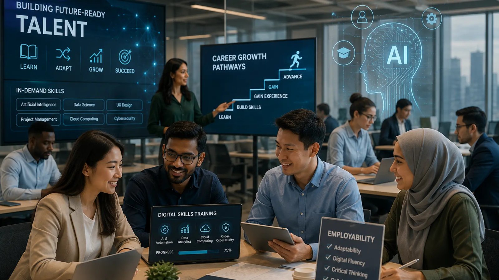 Professional employees collaborating in a modern workplace while discussing skills development, learning, and future career opportunities.