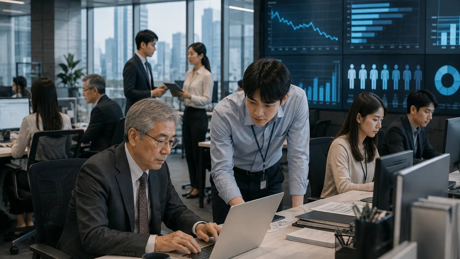 South Korean corporate employees of different generations working together in a modern office, representing changing hiring trends and an aging workforce.