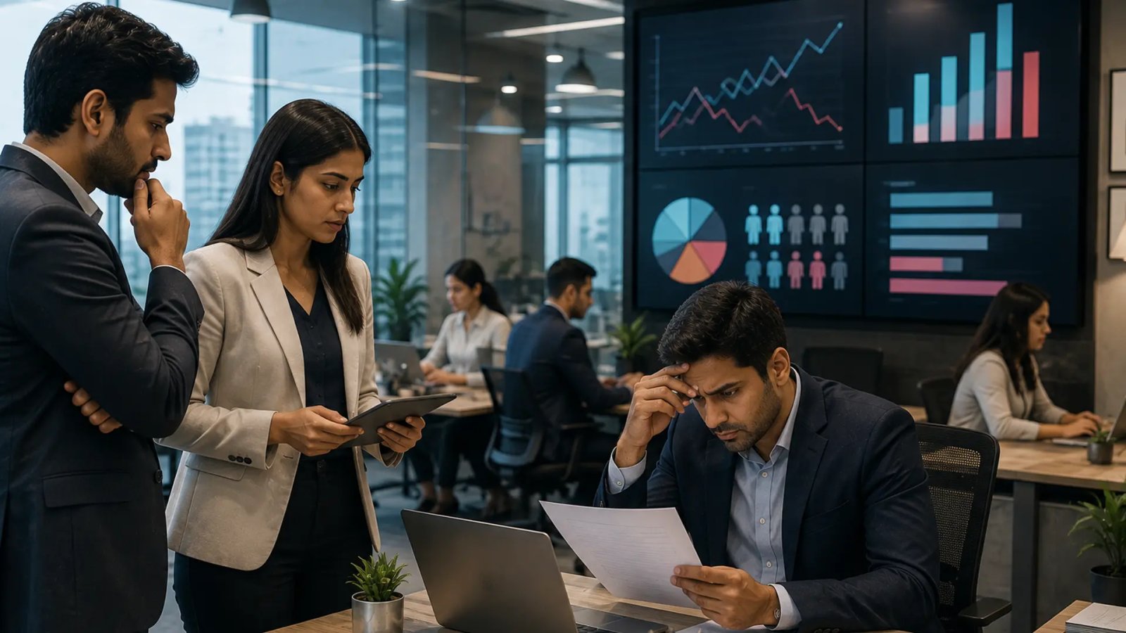 Professionals discussing career promotions and salary growth in a modern office environment