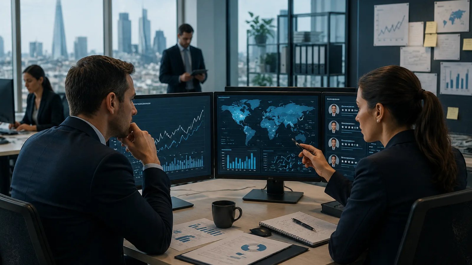 Office employees working in a recruitment agency while reviewing hiring data and employment trends.