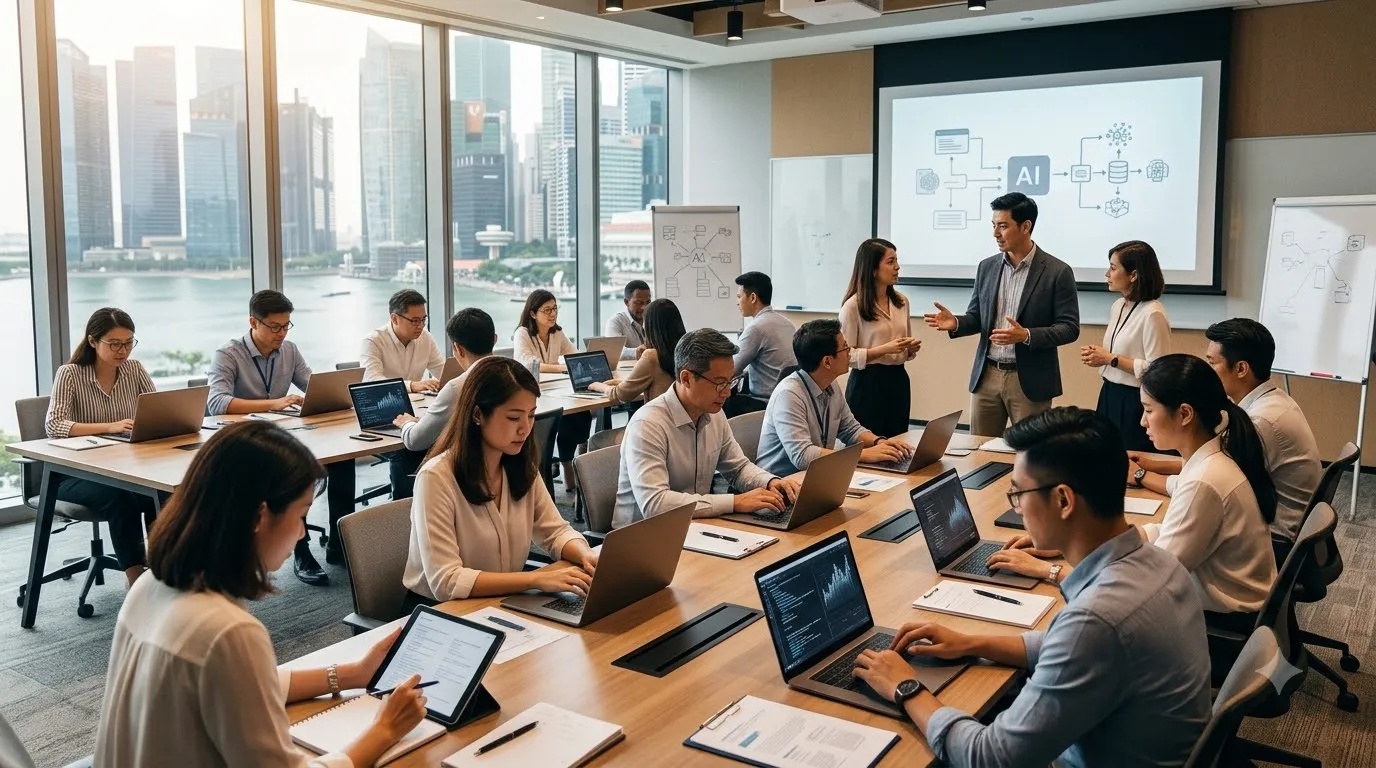 Singapore professionals using AI technology and participating in digital skills training in a modern learning environment